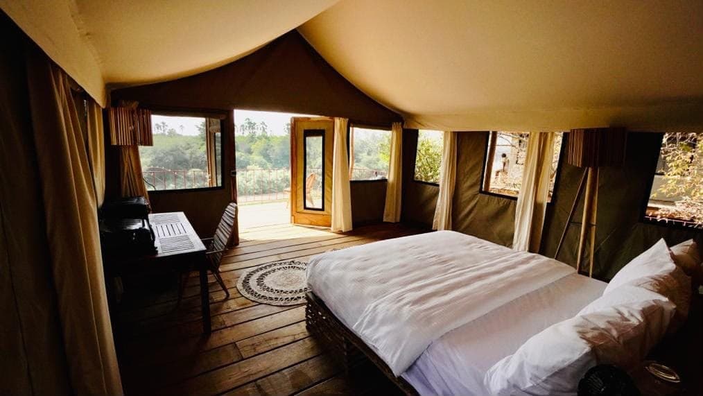 Intérieur d'une tente de safari, lit double et plancher en bois