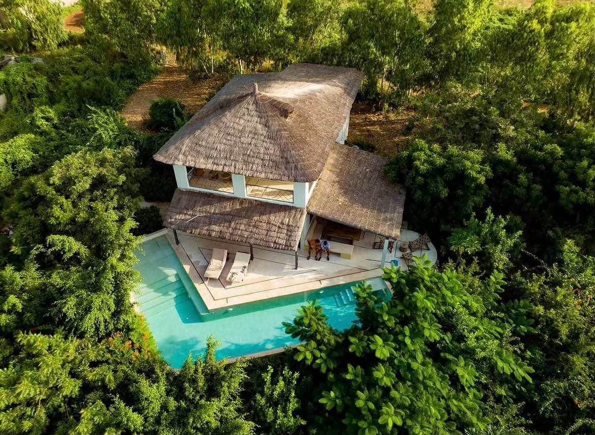 Vue aérienne d'un bungalow à toit de paille bordé par la piscine, au milieu de la végétation